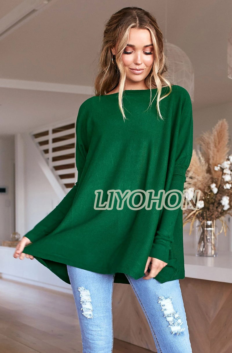 LIYOHON تي شيرتات لييوهون واسعة للنساء بلوزات تونك لارتدائها مع ليغينغز بأكمام طويلة سويترز خريفية بلوزات أنيقة أخضر داكن - م - Image 3